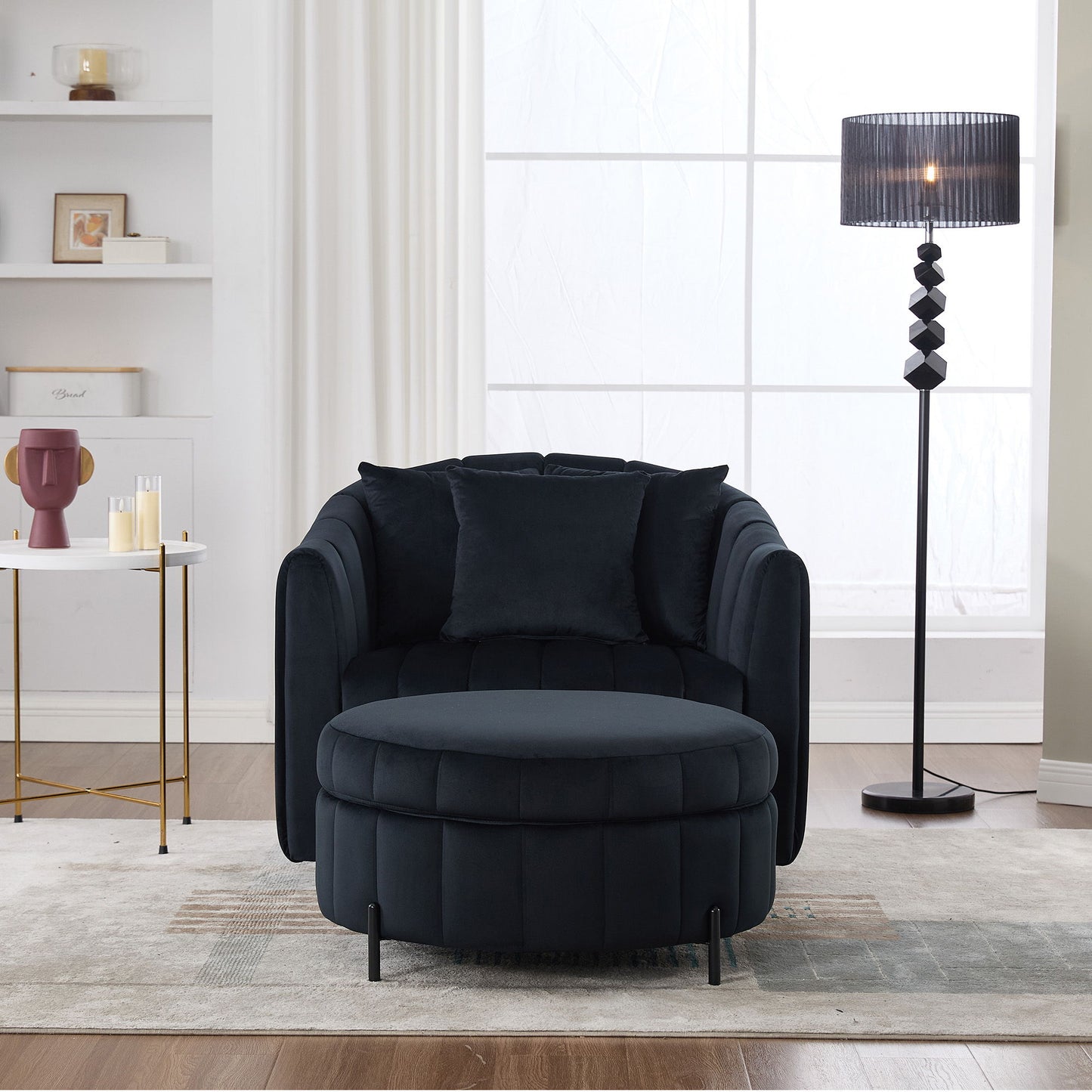 Oversized Swivel Barrel Accent Chair And Ottoman Set With Storage - Black
