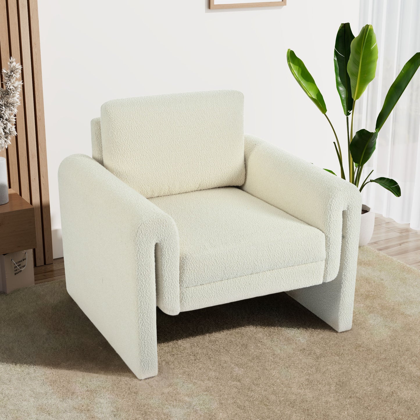 Modern Boucle Upholstered Accent Chair Luxurious Comfort & Sturdy Support, Solid Wood Frame - Ivory