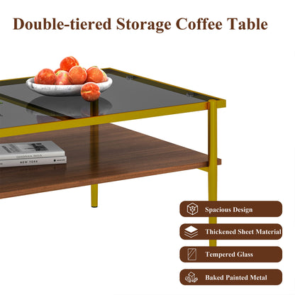 Rectangle Coffee Table With Tempered Glass Top, Modern Table For Living Room - Gray / Gold