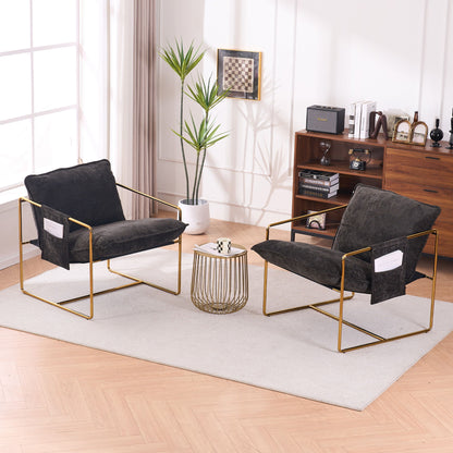 Upholstered Hanging Armchair With Arm Pocketsmetal Frame (Set of 2), Gold-Plated Craftsmanship, Crushed Foam Cushions And Skin-Friendly Woven Fabric For Living Room And Bedroom - Dark Gray