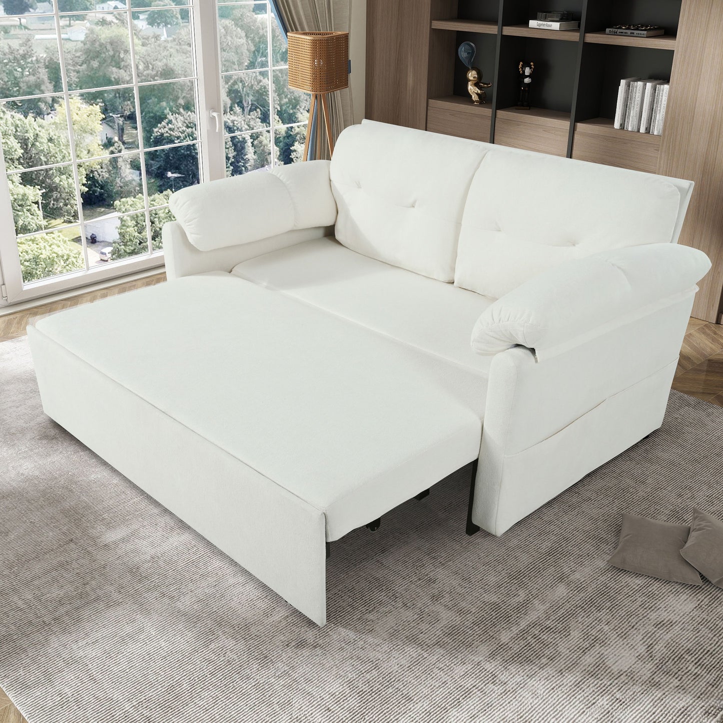 Modern Convertible Sleeper Sofa Bed With Pull Out Queen Design, Side Storage & Thick Cushions Chenille Loveseat For Living Room Or Bedroom 3 In 1 Function - Beige