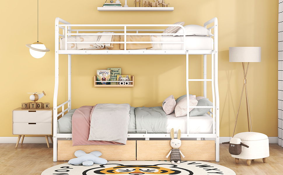 Full Long Over Queen Bunk Bed With 2 Drawers - White