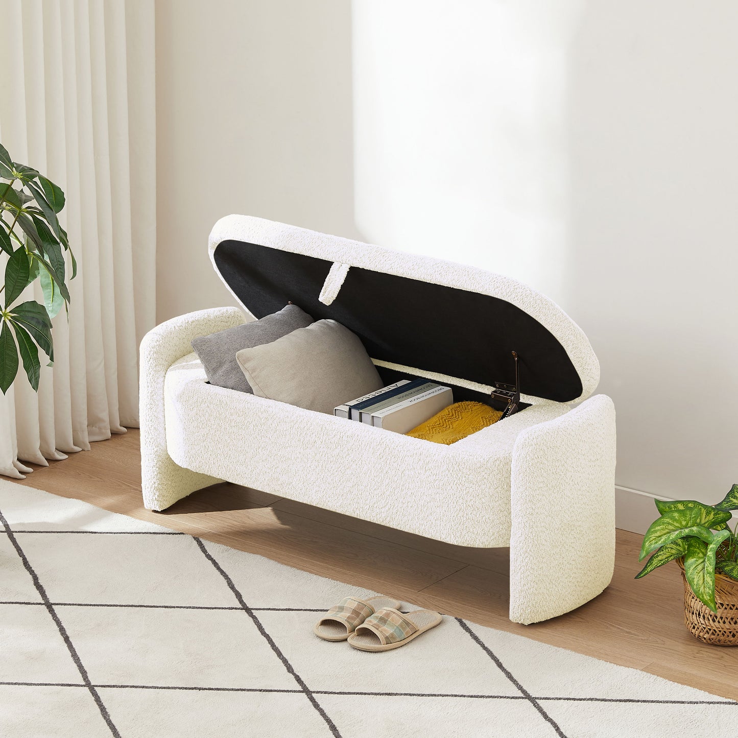 Ottoman Oval Storage Bench, 3D Lamb Fleece Bench With Large Storage Space For The Living Room, Entryway And Bedroom - Cream White