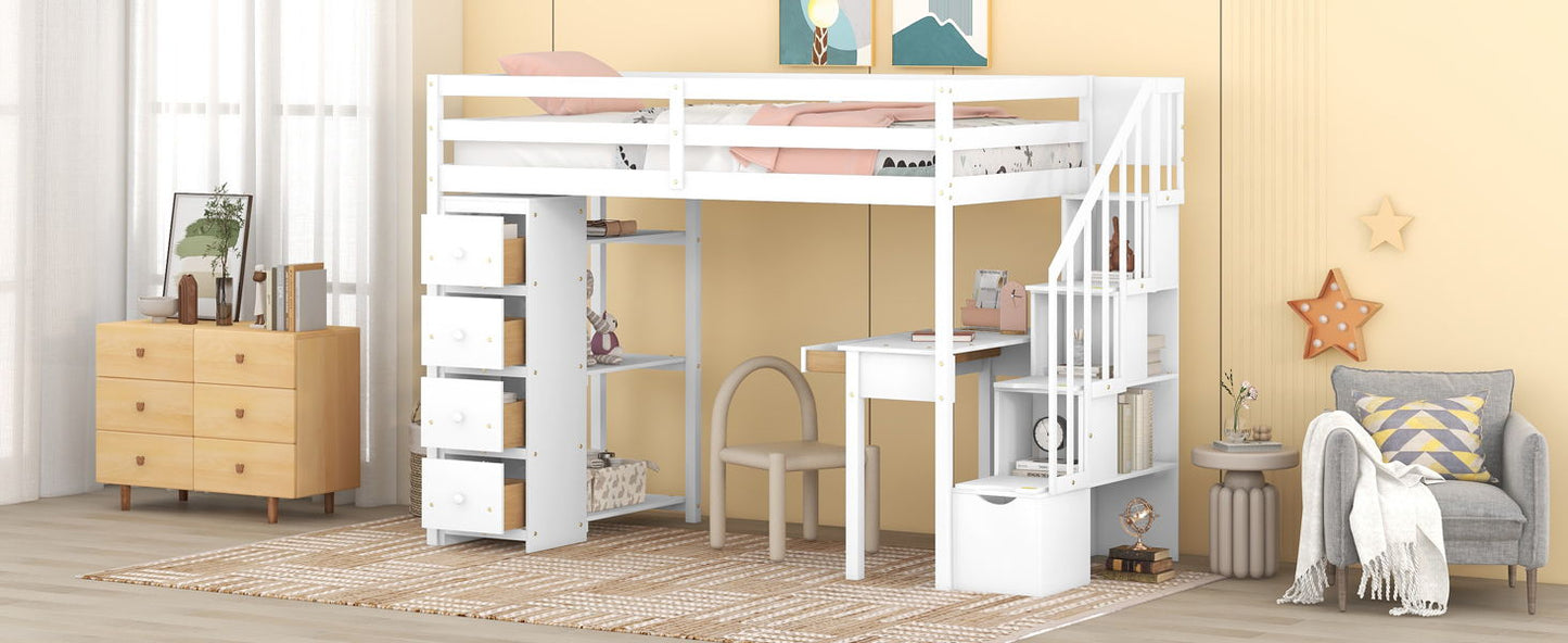 Twin Size Loft Bed With Storage Drawers, Desk And Stairs With Shelves - White