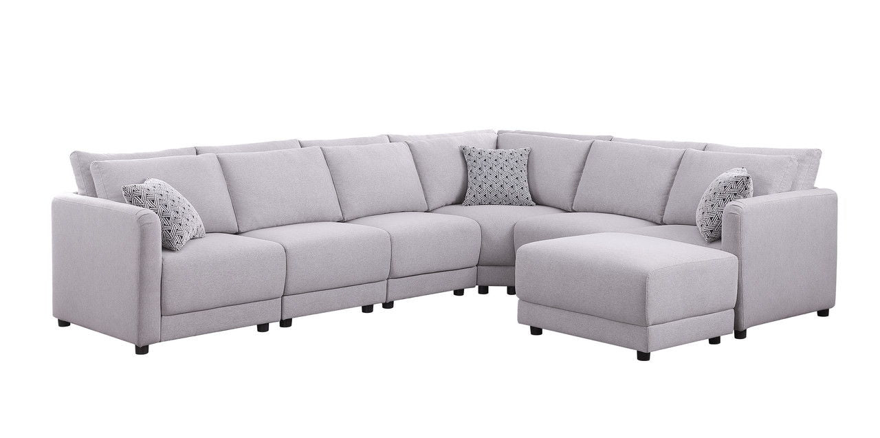 Penelope - Linen Fabric Reversible 7 Piece Modular Sectional Sofa With Ottoman And Pillows - Light Gray
