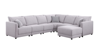 Penelope - Linen Fabric Reversible 7 Piece Modular Sectional Sofa With Ottoman And Pillows - Light Gray