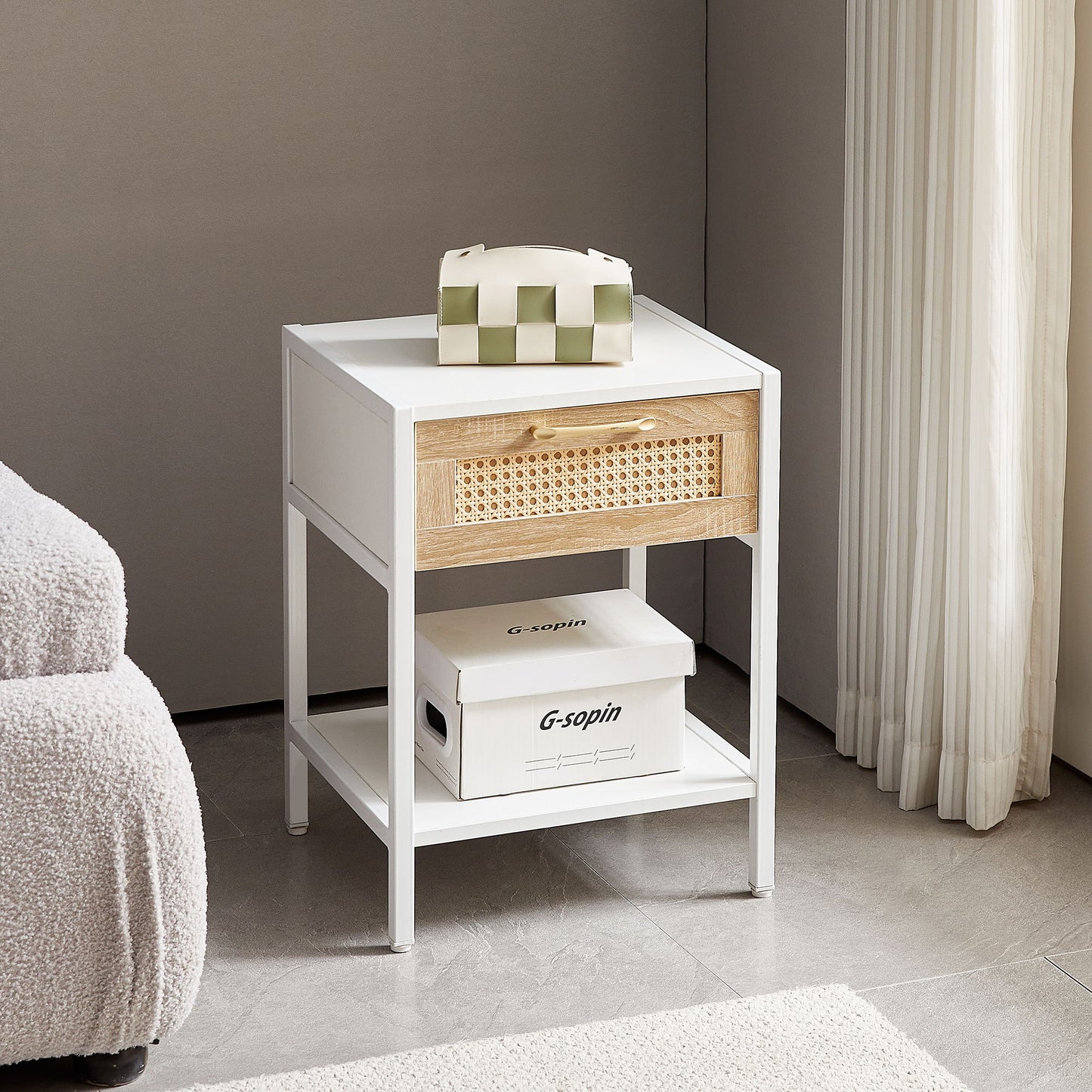 15.74" Rattan End Table With Drawer, Modern Nightstand, Metal Legs, Side Table For Living Room, Bedroom - White