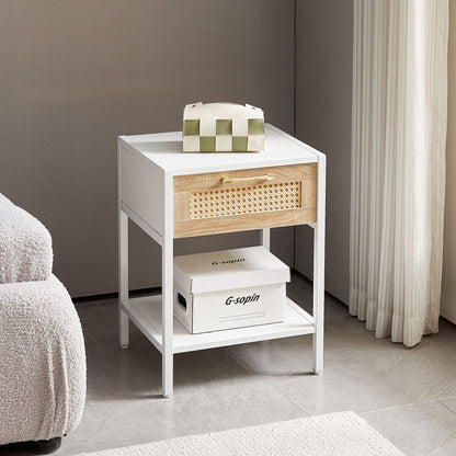 15.74" Rattan End Table With Drawer, Modern Nightstand, Metal Legs, Side Table For Living Room, Bedroom - White