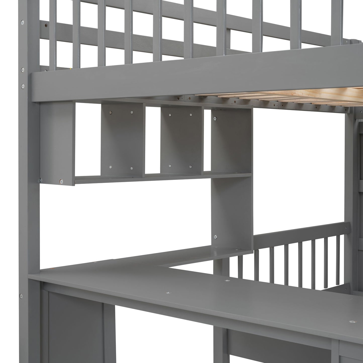 Full Over Twin Bunk Bed With Desk, Drawers And Shelves - Gray