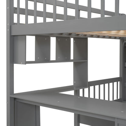 Full Over Twin Bunk Bed With Desk, Drawers And Shelves - Gray