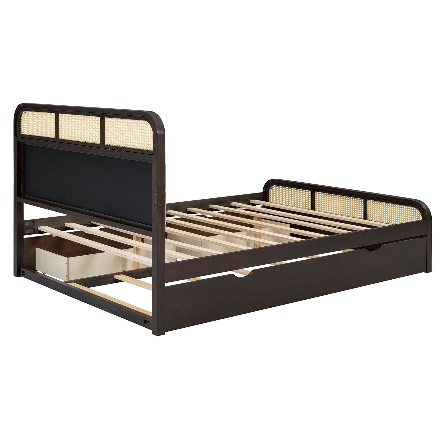 Queen Size Platform Bed With Trundle And 2 Drawers - Espresso