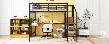 Full Size Loft Bed With Desk And Grid, Stylish Frame With Lateral Storage Ladder And Wardrobe - Black