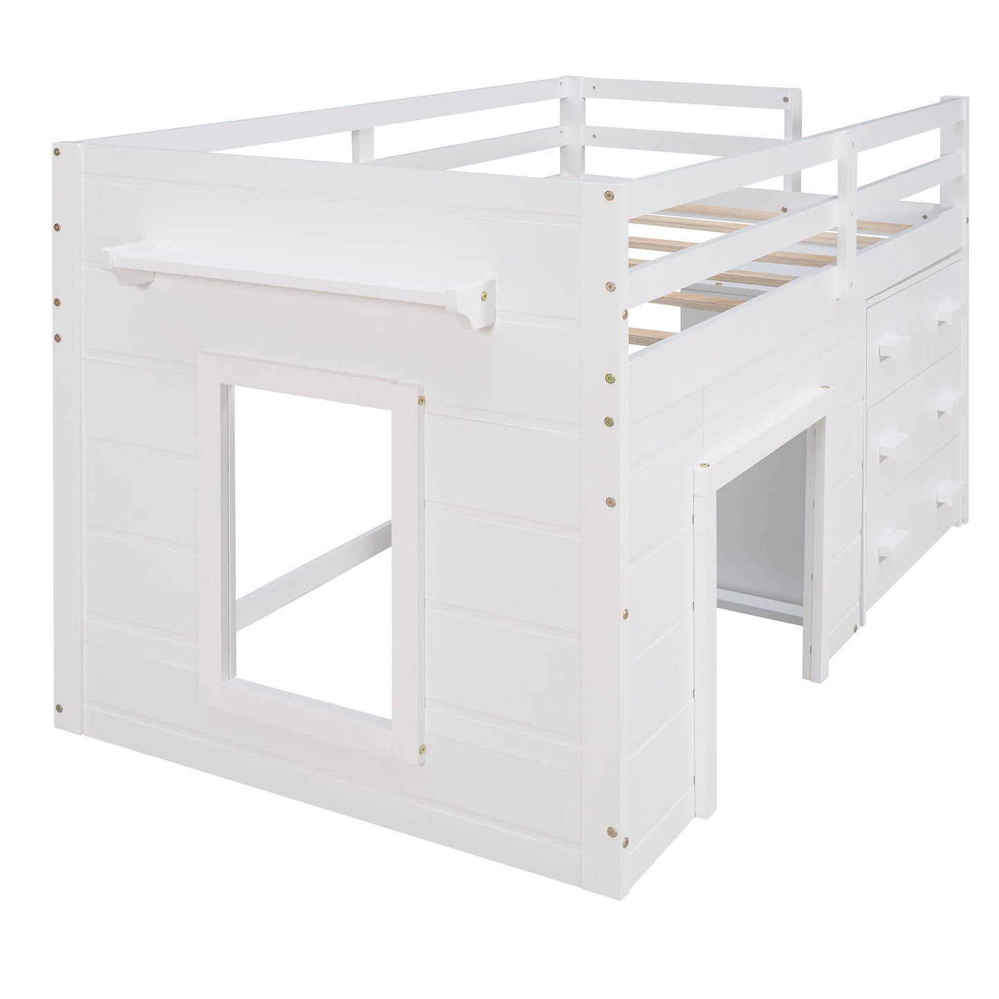 Twin Size Loft Bed With Cabinet And Shelf - White