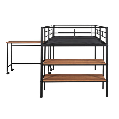 Twin Size Loft Bed With Desk And Shelves - Black