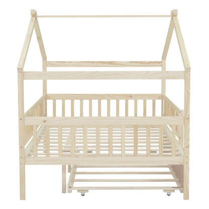 Full Size House Bed With Twin Size Trundle - Natural