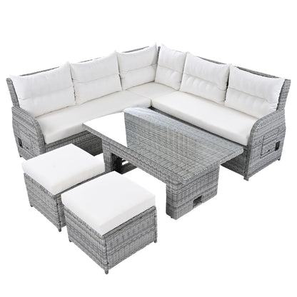 Outdoor Furniture Set Patio Rattan Furniture Set With An Adjustable Table, Recliners With Extendable Side Tables, And 2 Ottomans For Patio, Lawn, Backyard, Pool - Beige