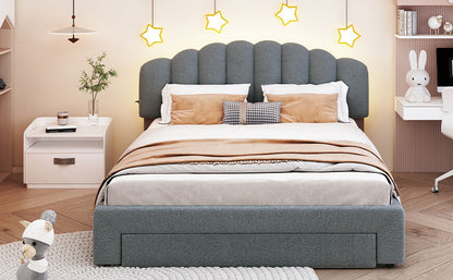 Queen Size Upholstered Platform Bed With Drawer - Gray