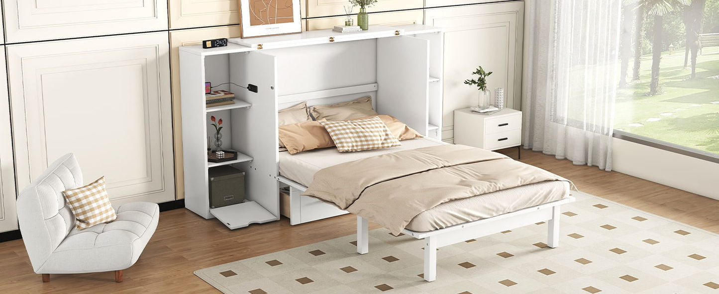 Queen Size Murphy Bed With Shelves, Drawers And USB Ports - White