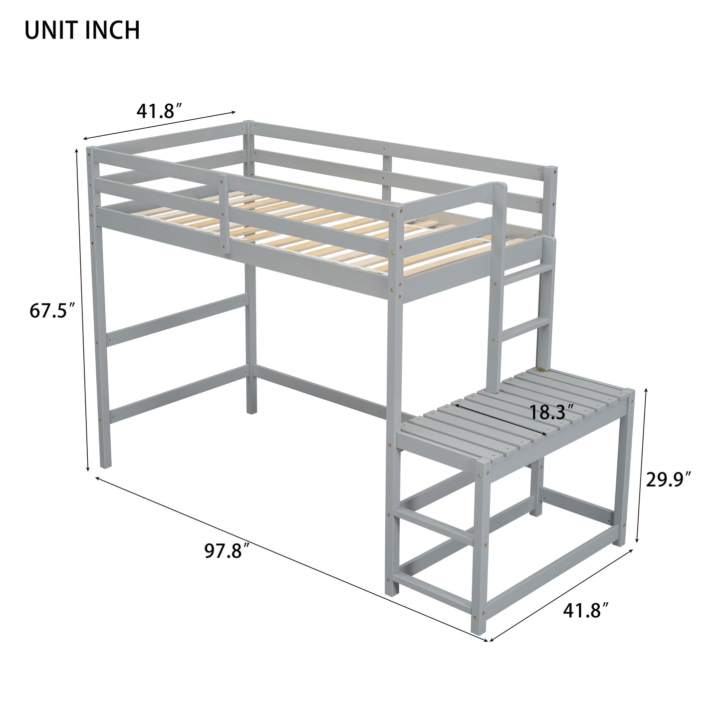 Twin Size High Loft Bed With Ladder Landing Platform, Ladders, Guardrails - Gray
