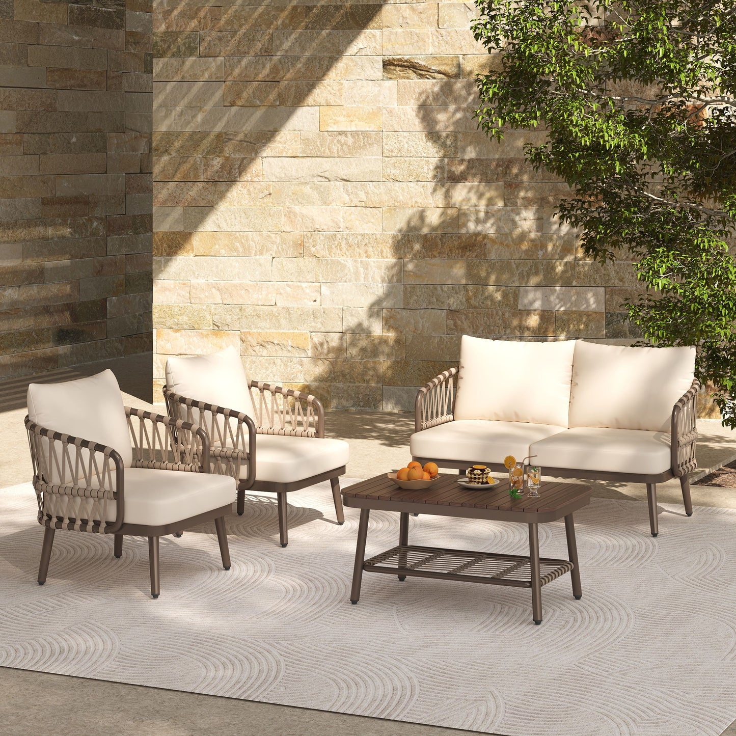 4 Piece Outdoor Patio Furniture Set, Metal Chairs With Woven Rope U Shaped Backrest, Outdoor Conversation Set With Thick Cushions And Coffee Table For Garden, Poolside, Balcony - Brown / Beige