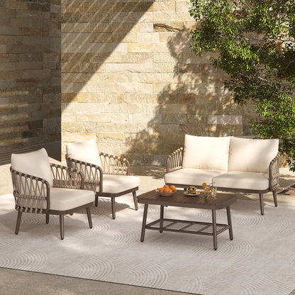 4 Piece Outdoor Patio Furniture Set, Metal Chairs With Woven Rope U Shaped Backrest, Outdoor Conversation Set With Thick Cushions And Coffee Table For Garden, Poolside, Balcony - Brown / Beige