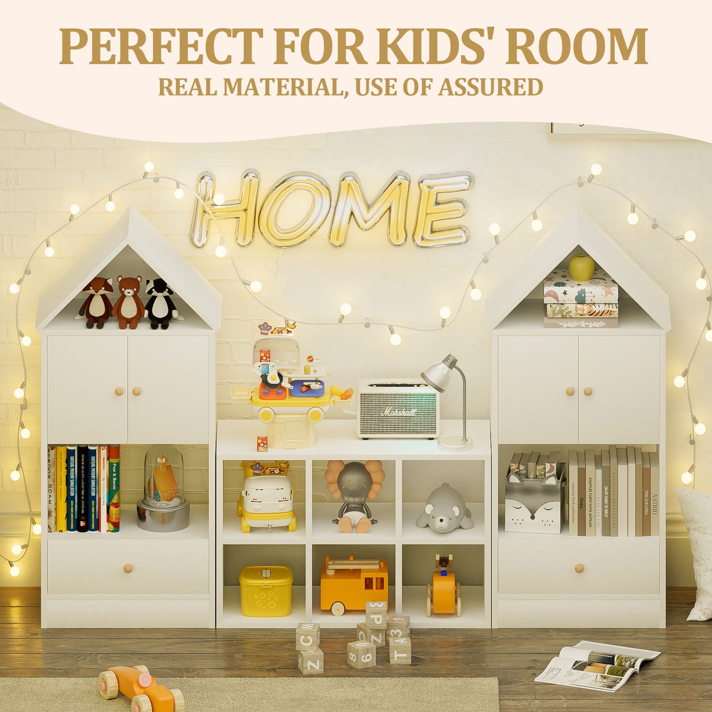 Versatile Children's Bookshelf With House-Shaped Design Multifunctional Storage - White