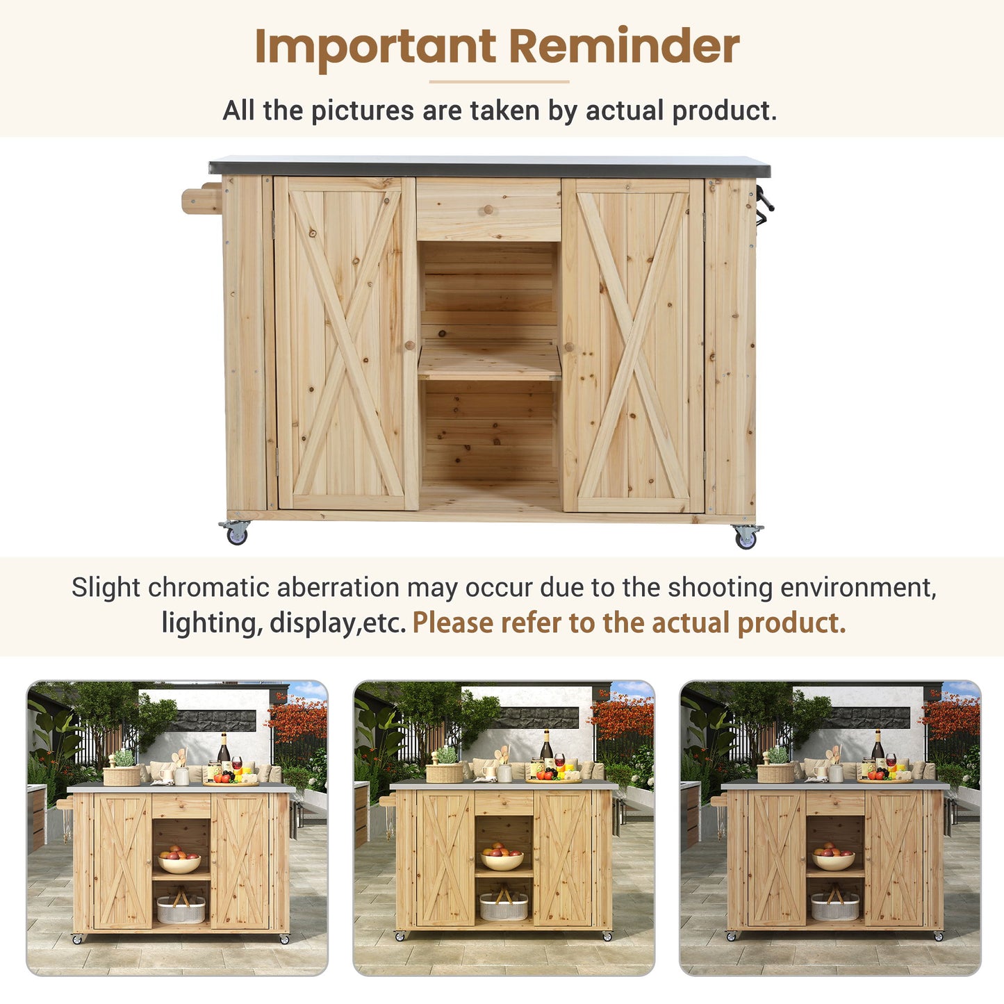 Outdoor Kitchen Island Fir Wood Kitchen Island With Stainless Steel Top, Ample Storage Space, Towel And Spice Racks And A Bottle Opener For Outdoor - Natural