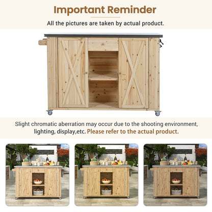 Outdoor Kitchen Island Fir Wood Kitchen Island With Stainless Steel Top, Ample Storage Space, Towel And Spice Racks And A Bottle Opener For Outdoor - Natural