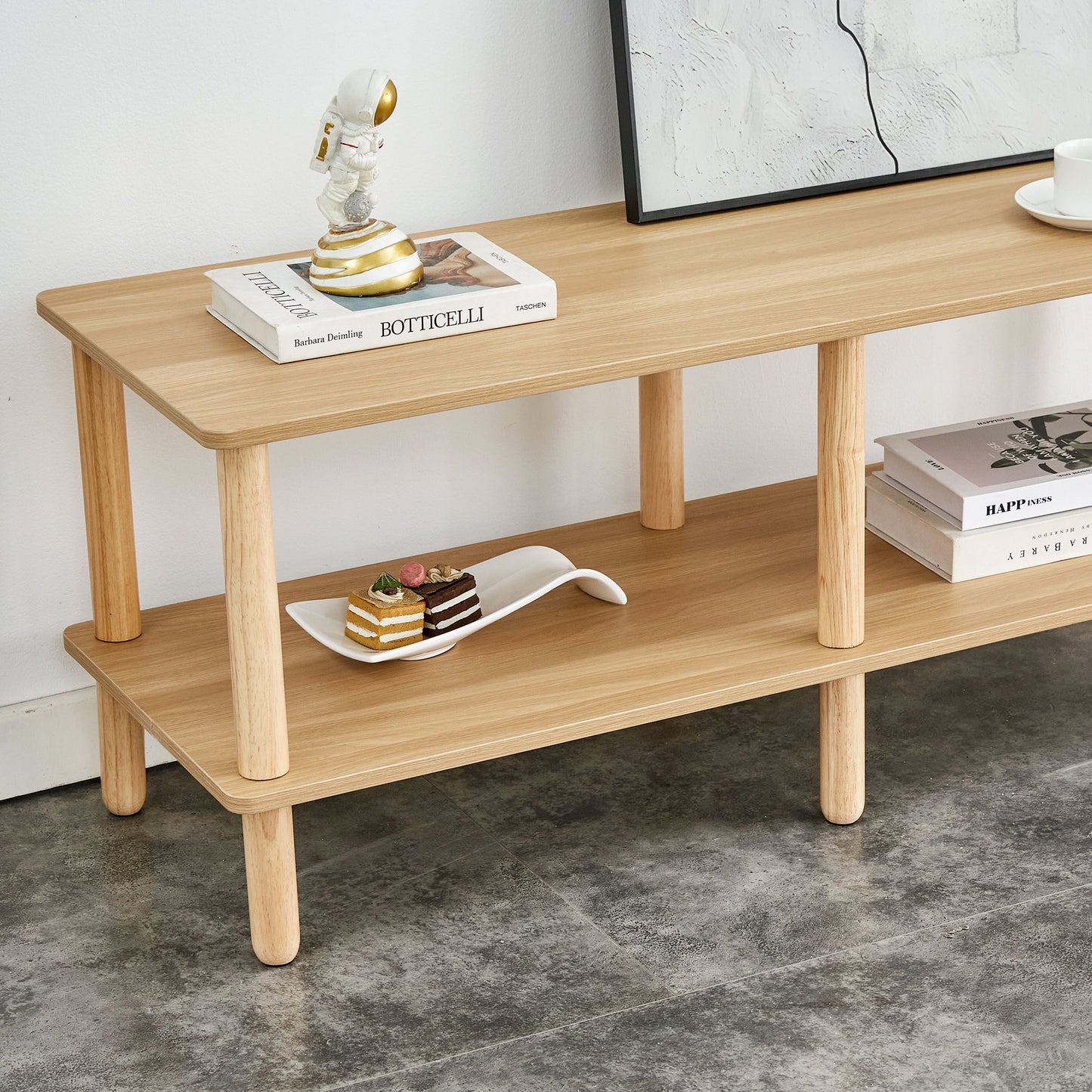 Modern Double Deck TV Cabinet Is Suitable For Living Room, Rectangular Center Table With Open Storage Shelf, Rounded Rubberwood Legs, Stable And Durable - Burly Wood