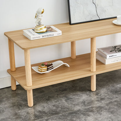 Modern Double Deck TV Cabinet Is Suitable For Living Room, Rectangular Center Table With Open Storage Shelf, Rounded Rubberwood Legs, Stable And Durable - Burly Wood