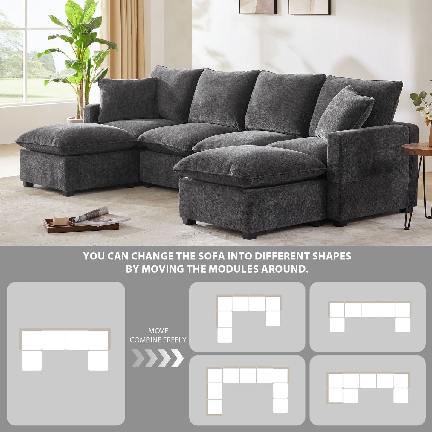 Modern U-Shape Modular Sofa, 6 Seat Chenille Sectional Couch Set With 2 Pillows Included, Freely Combinable Indoor Funiture - Black / Gray
