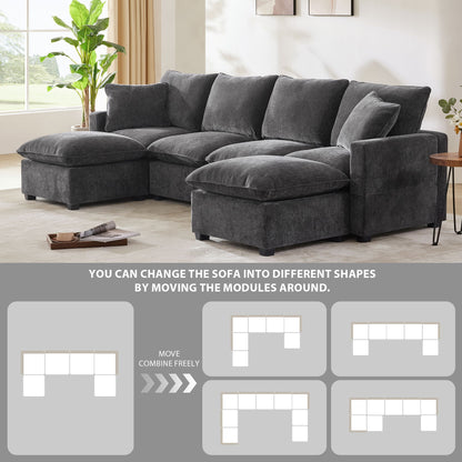 Modern U-Shape Modular Sofa, 6 Seat Chenille Sectional Couch Set With 2 Pillows Included, Freely Combinable Indoor Funiture - Black / Gray