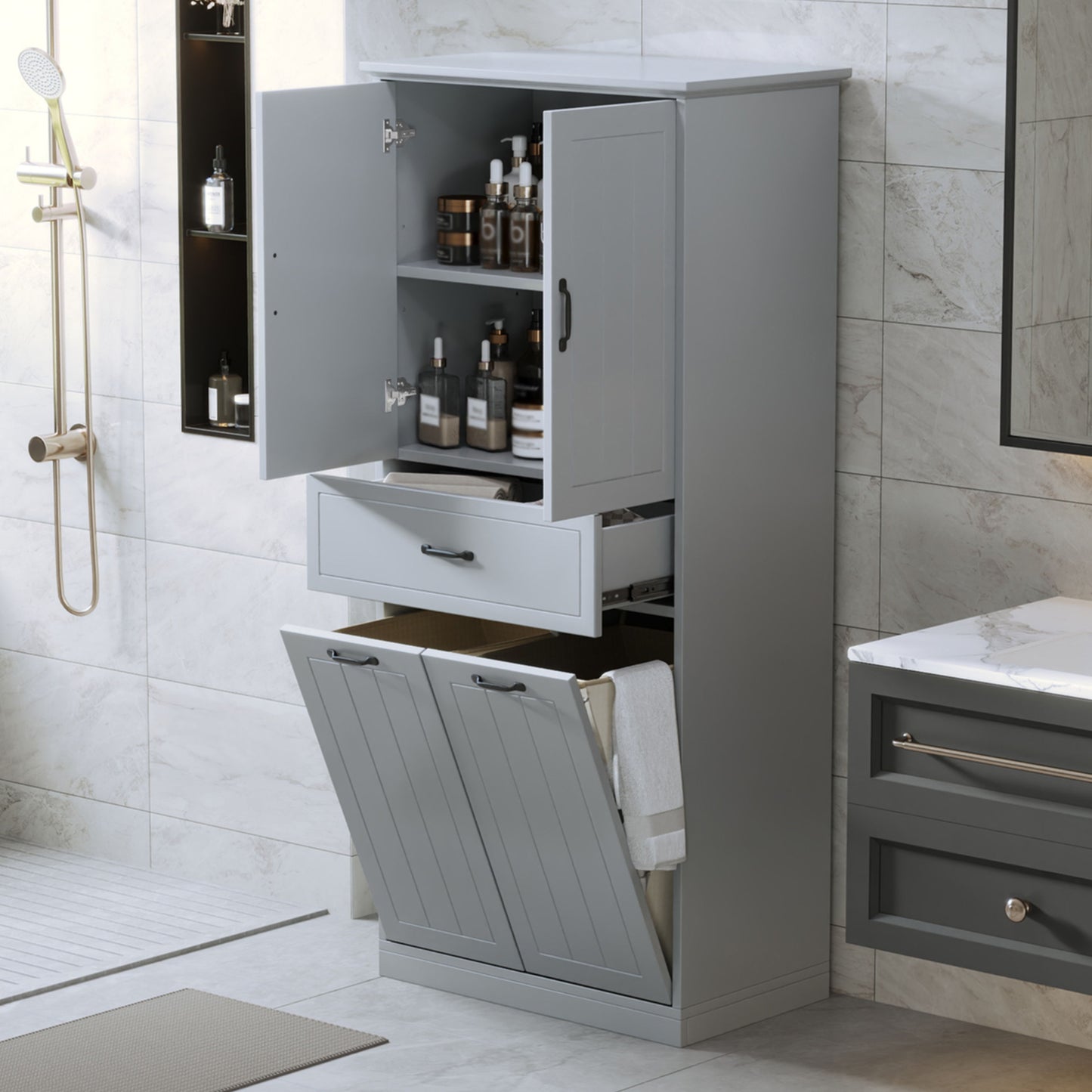 Stylish Bathroom Storage Cabinet With 2 Laundry Baskets - Gray