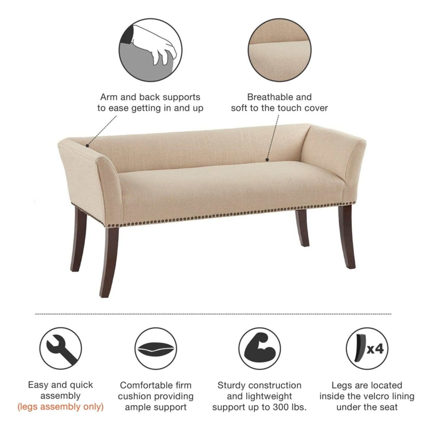 Modern Design Bench Upholstery Solid Wood Frame - Tan