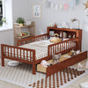 Twin Size Bed With Headboard Storage Rack, 2 Under Bed Drawers, 3 - Side Guardrails For Safety And Security - Walnut