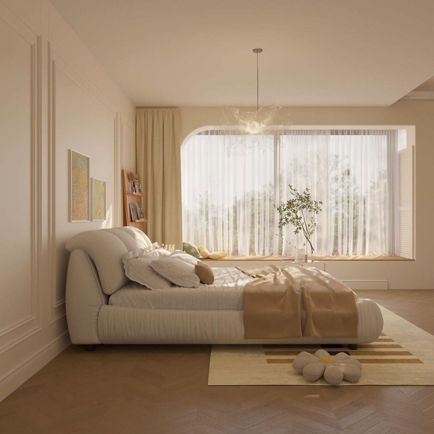 Queen Size Luxury Upholstered Platform Bed With Oversized Padded Backrest And Solid Wood Frame, Suitable For Multiple Heights Of Mattresses - Beige