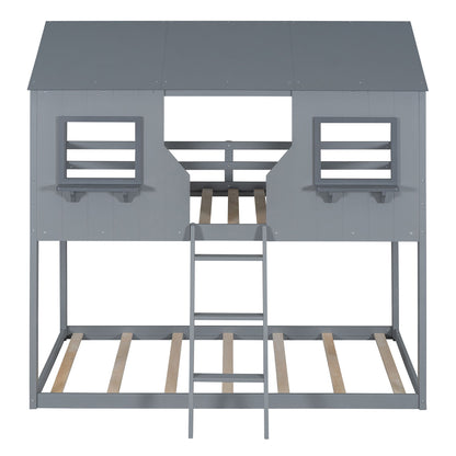 Twin Over Twin Bunk Bed With Roof, Window, Guardrail, Ladder - Gray