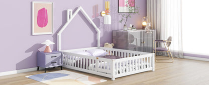 Full House-Shaped Headboard Floor Bed With Fence - White