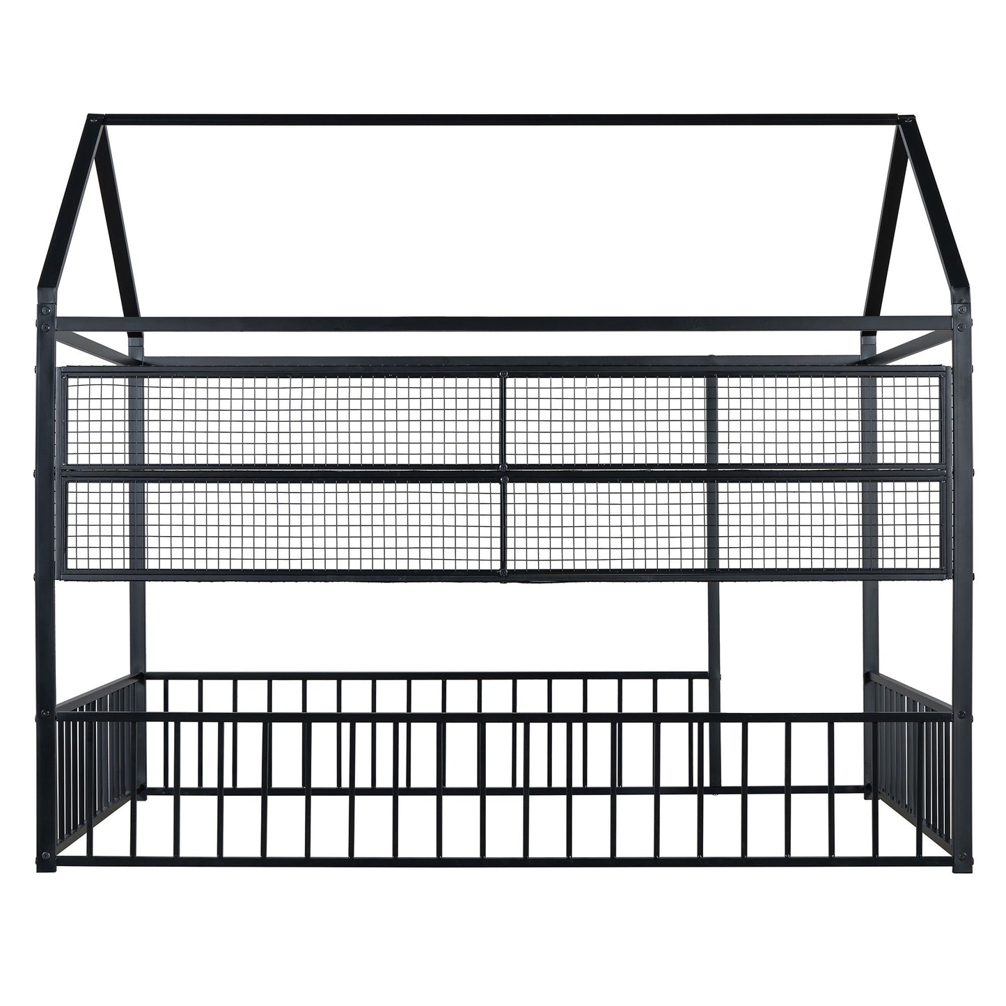 Full Size Bed House Frame With Fence And Shelves - Black