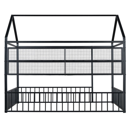 Full Size Bed House Frame With Fence And Shelves - Black