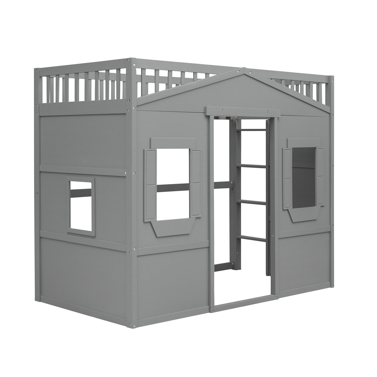 Twin Size House Loft Bed With Ladder - Gray