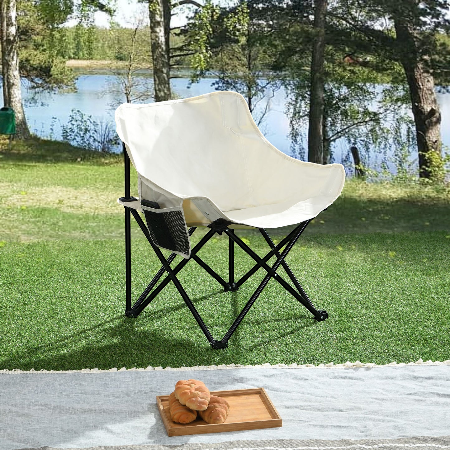 2 Pieces Outdoor Camping Chairs Folding / Portable, Comfortable Seating, Durable Steel Frame - Beige