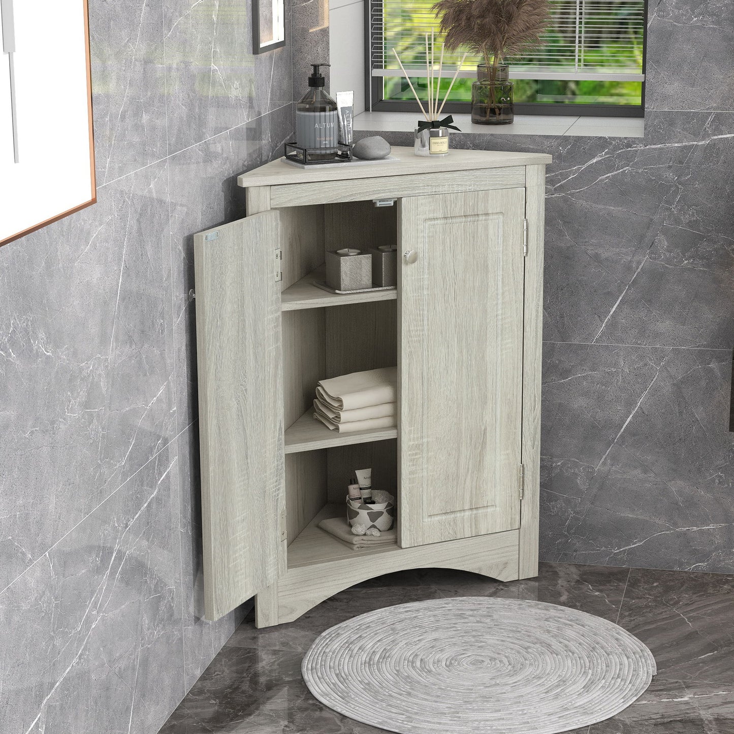 Triangle Bathroom Storage Cabinet With Adjustable Shelves, Freestanding Floor Cabinet For Home Kitchen - Oak