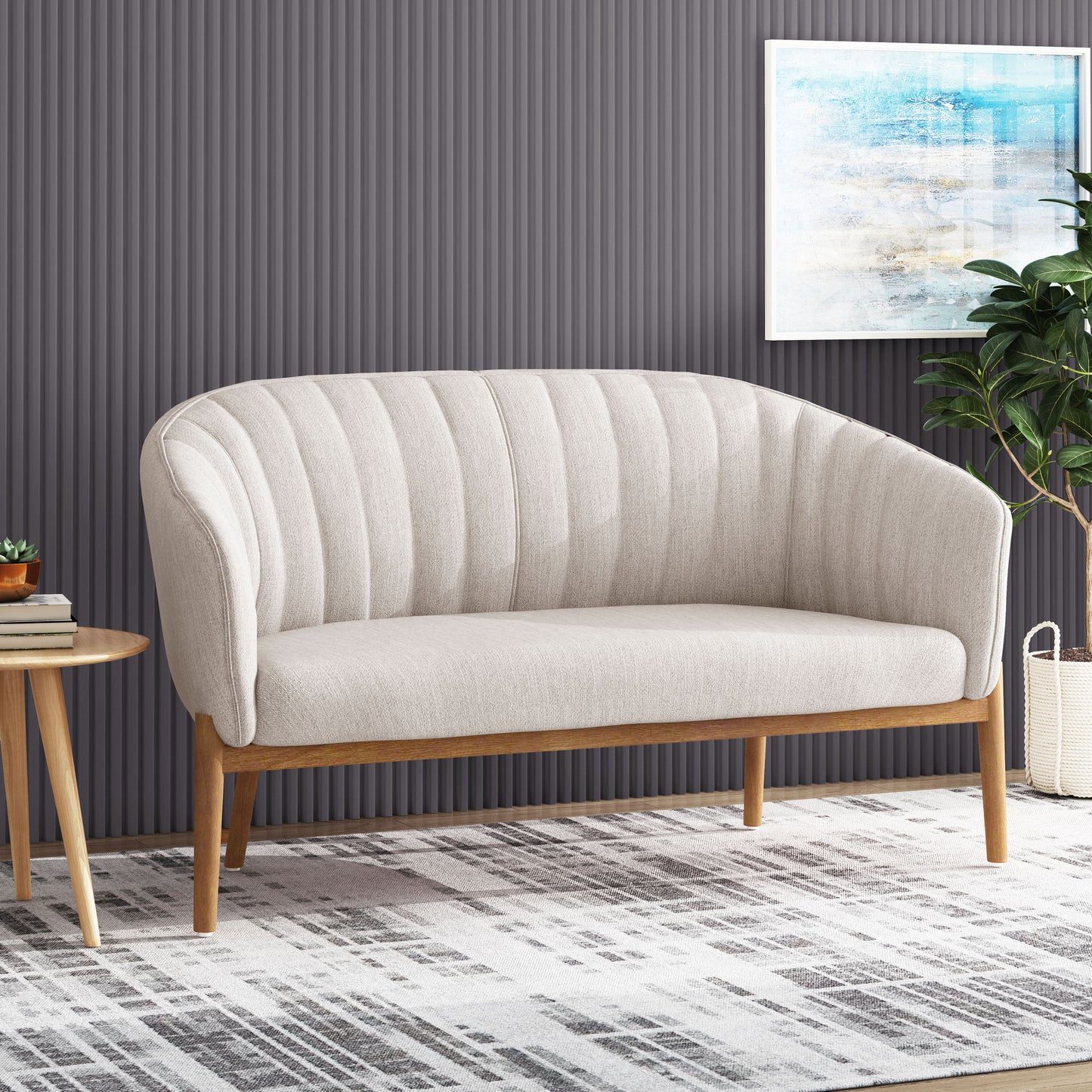 Mid Century Modern Loveseat With Channel Stitched Backrest - Beige