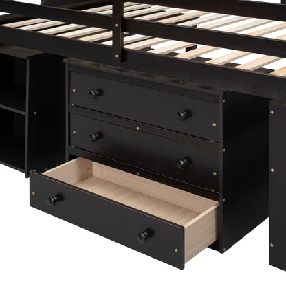 Full Size Loft Bed With Retractable Writing Desk And 3 Drawers With Storage Stairs And Shelves - Espresso
