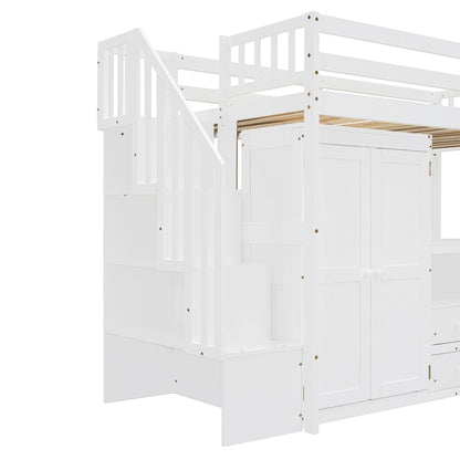 Twin Size Loft Bed With Stairs, Bookshelf, Drawers, Desk & Wardrobe, Space Saving Multifunctional Furniture - White