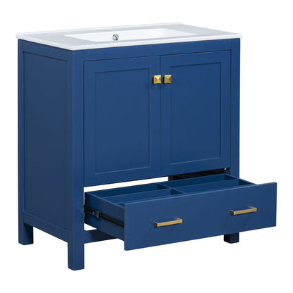 Bathroom Vanity With Single Sink, Combo Cabinet Undermount Sink, Bathroom Storage Cabinet With 2 Doors And A Drawer, Soft Closing, Multifunctional Storage, Solid Wood Frame - Blue
