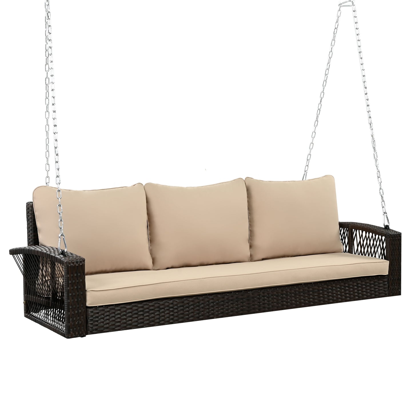 3 Person Porch Swing With Chains, Large Patio Swing Bench With Cushions For Backyard, Garden, And Poolside - Brown