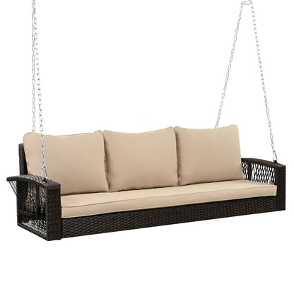 3 Person Porch Swing With Chains, Large Patio Swing Bench With Cushions For Backyard, Garden, And Poolside - Brown