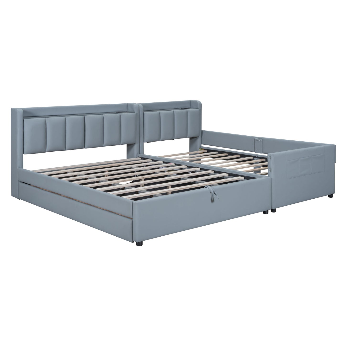 Queen & Twin Long Size Upholstered Platform Bed, Mother & Child Bed With Hydraulic Storage System, Drawer Box, Bedhead Storage Shelf And 2 Pairs Of Sockets & USB Ports - Gray